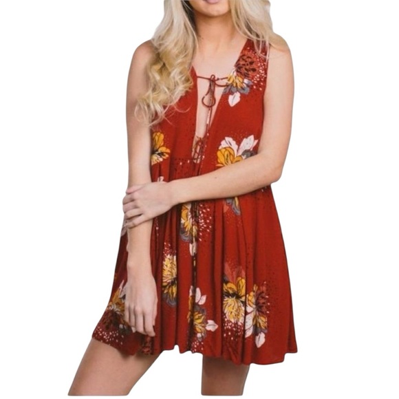 Free People Lovely Day Floral Print Mini Tunic Dress L Red Boho Tie Front Boxy - Picture 4 of 15